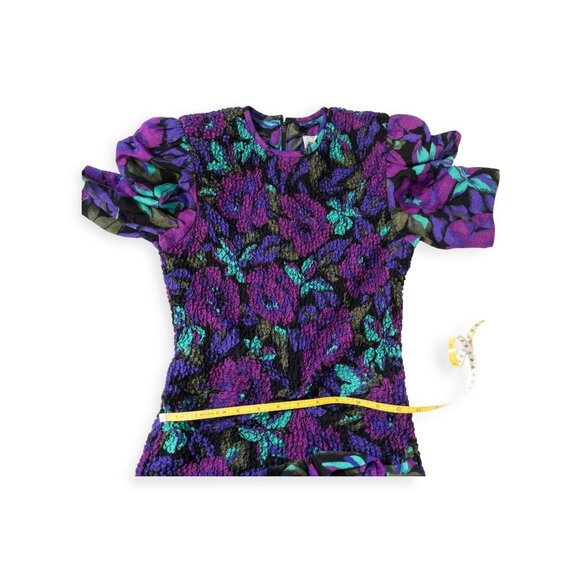 Vintage 1980s Floral Puff Sleeve Dress ACT 1 Made In USA Purple - Picture 9 of 11
